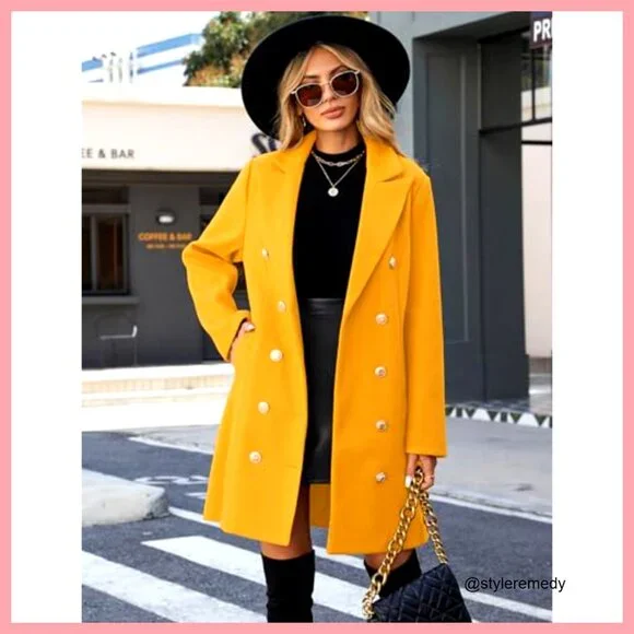 Double Breasted Wool Pea Coat, Knee-Length Midi Trench, Polyester - Picture 2 of 7